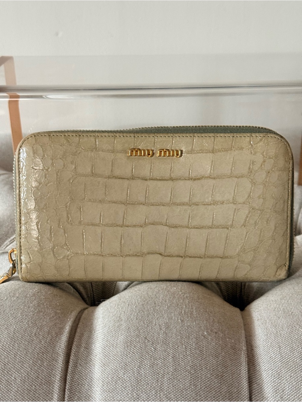 Miu Miu St. Coco Lux Croc-Embossed Leather Zip Wallet Mint Green Interior